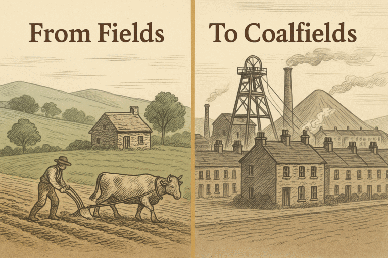 An image with a bullock pulling a plough in a farm field before coal mines arrived in the South Wales Valleys