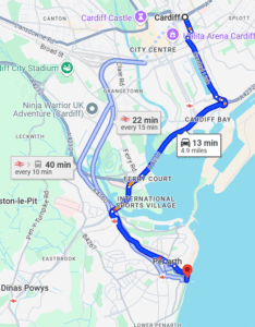 A map showing how to get to Penarth Pier from Cardiff