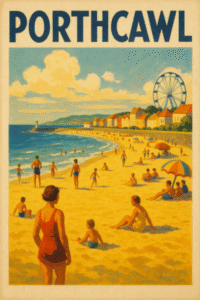 A vintage advertising poster for Porthcawl, showing holiday makers on the beach and in the sea