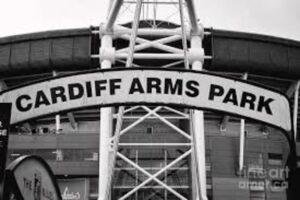 A view of the main entrance of Cardiff Arms Park, Explore the rich history of Cardiff Arms Park, the iconic Welsh rugby stadium that once roared with unforgettable victories and passionate fans before the Millennium Stadium era.