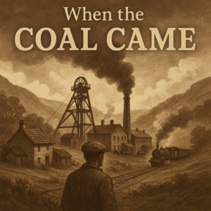 A picture of a small colliery town and its pit head from 1900, a miner looks at the mine billowing smoke, not sure if its a good or bad site in the valleys of south wales.